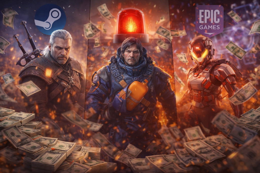 Heróis futuristas rodeados por notas flutuantes